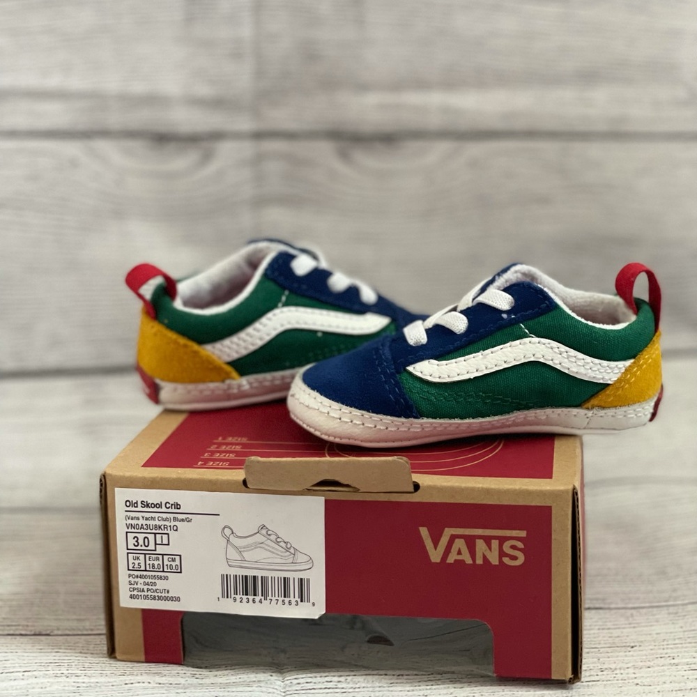 Vans (crib) in blue, green, red & yellow. Size 3